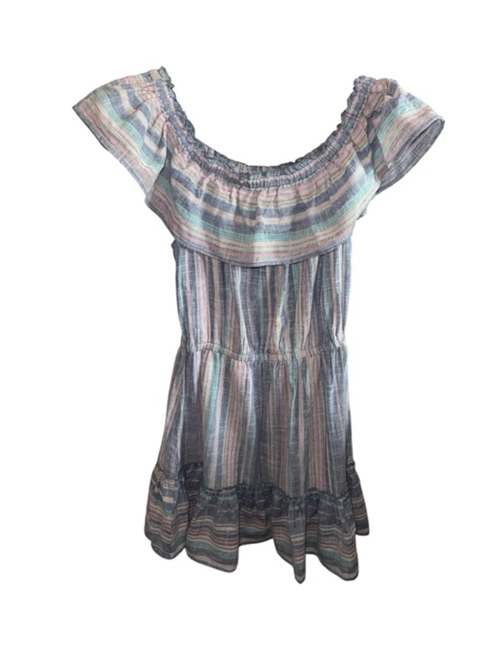 blue island Multicolor Striped Boho Mini Resort Dress in Teal, Pink & Gray Used